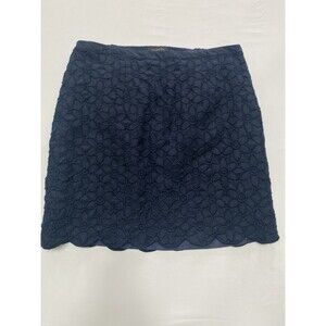 Talbots Woman Petites Navy Blue 100% Linen Embroidered Floral Eyelet Skirt 14WP